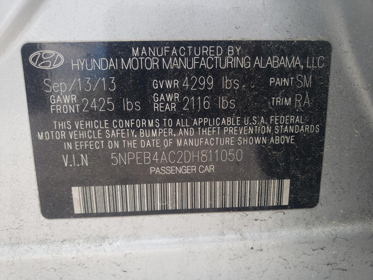 Photo 10 from auction – 2013 HYUNDAI SONATA GLS with VIN 5NPEB4AC2DH811050