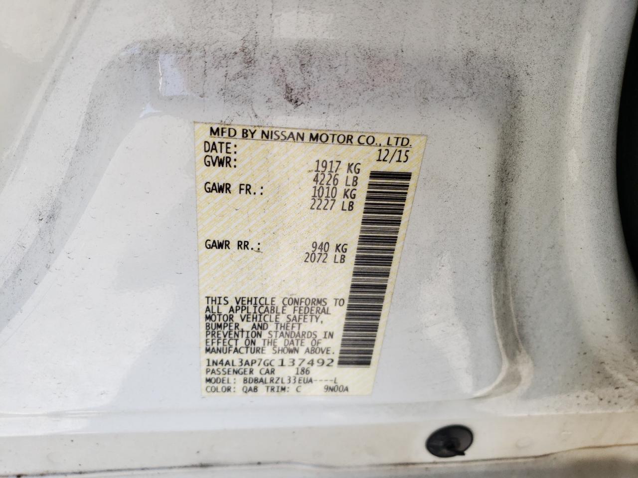 Photo 10 from auction – 2016 NISSAN ALTIMA 2.5 with VIN 1N4AL3AP7GC137492