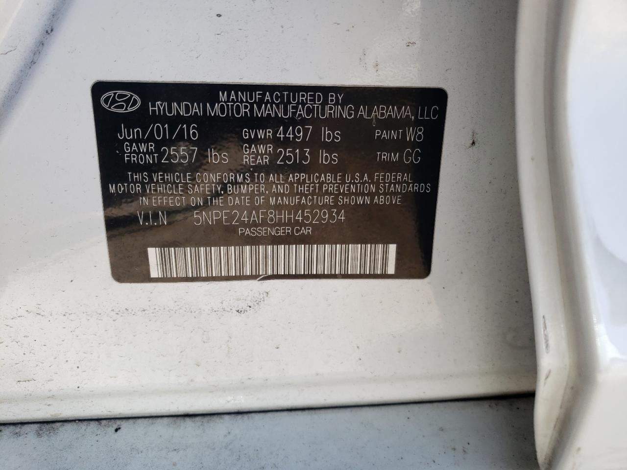Photo 10 from auction – 2017 HYUNDAI SONATA SE with VIN 5NPE24AF8HH452934