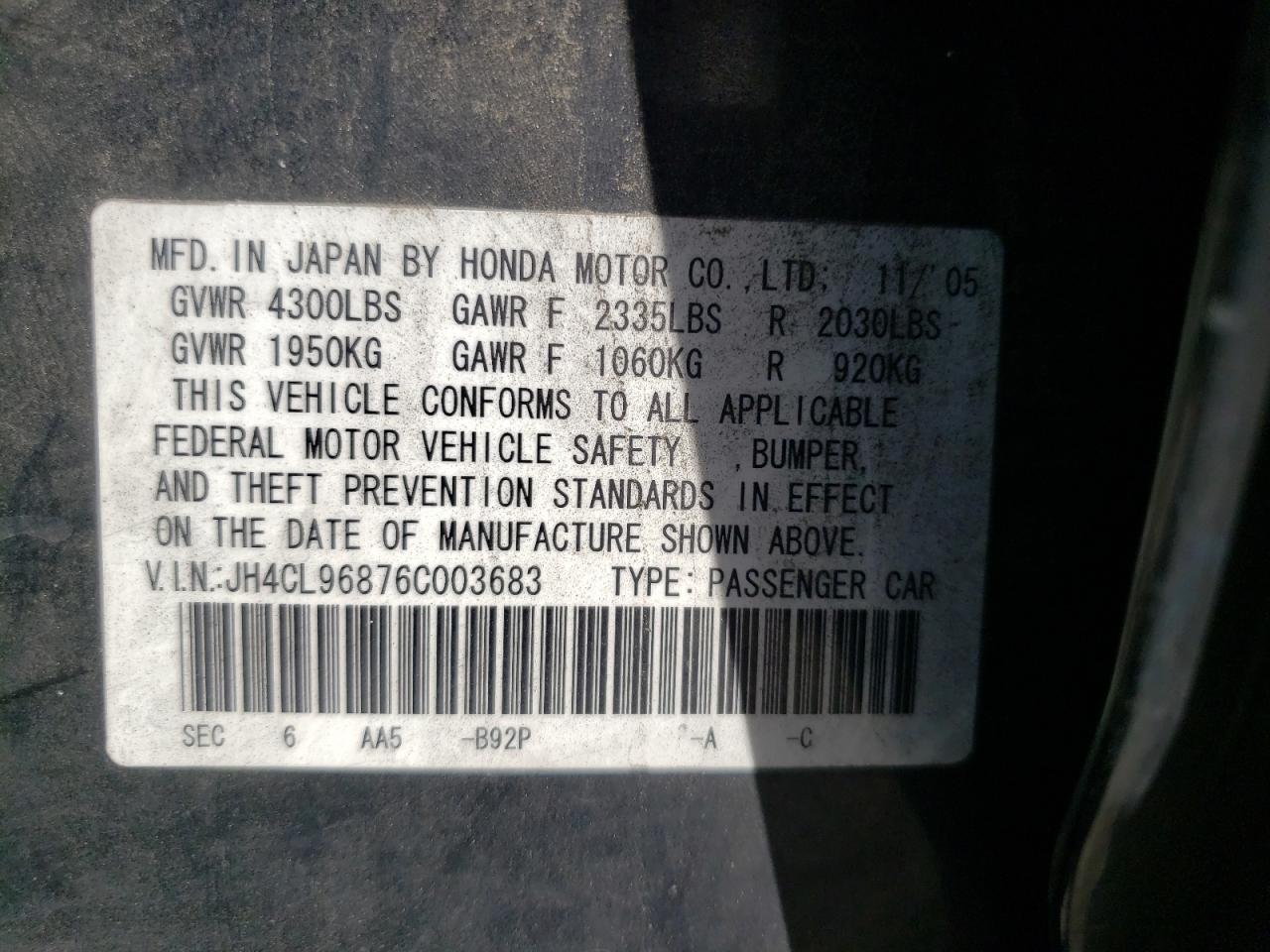 Photo 10 from auction – 2006 ACURA TSX with VIN JH4CL96876C003683