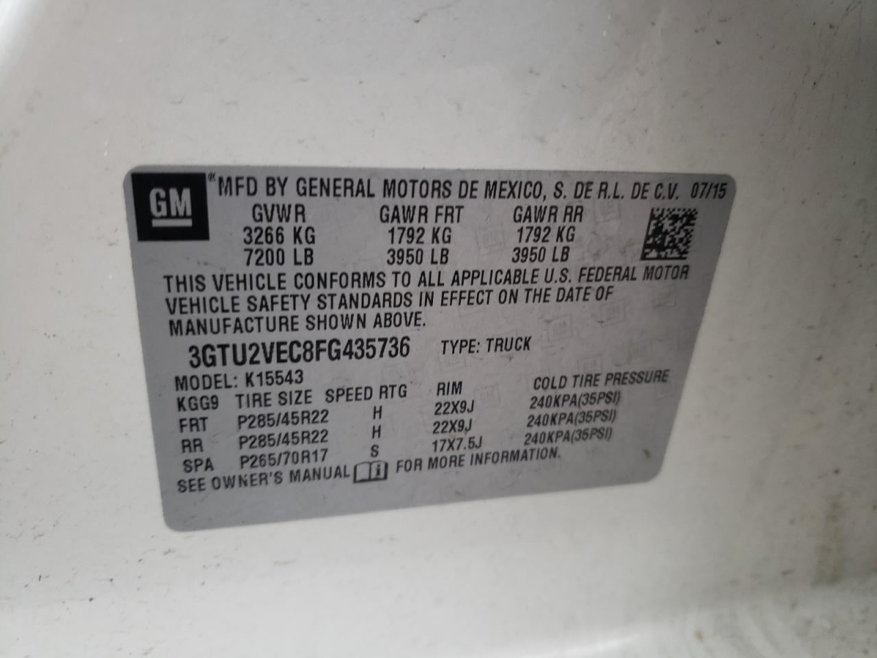 Photo 10 from auction – 2015 GMC SIERRA K15 with VIN 3GTU2VEC8FG435736