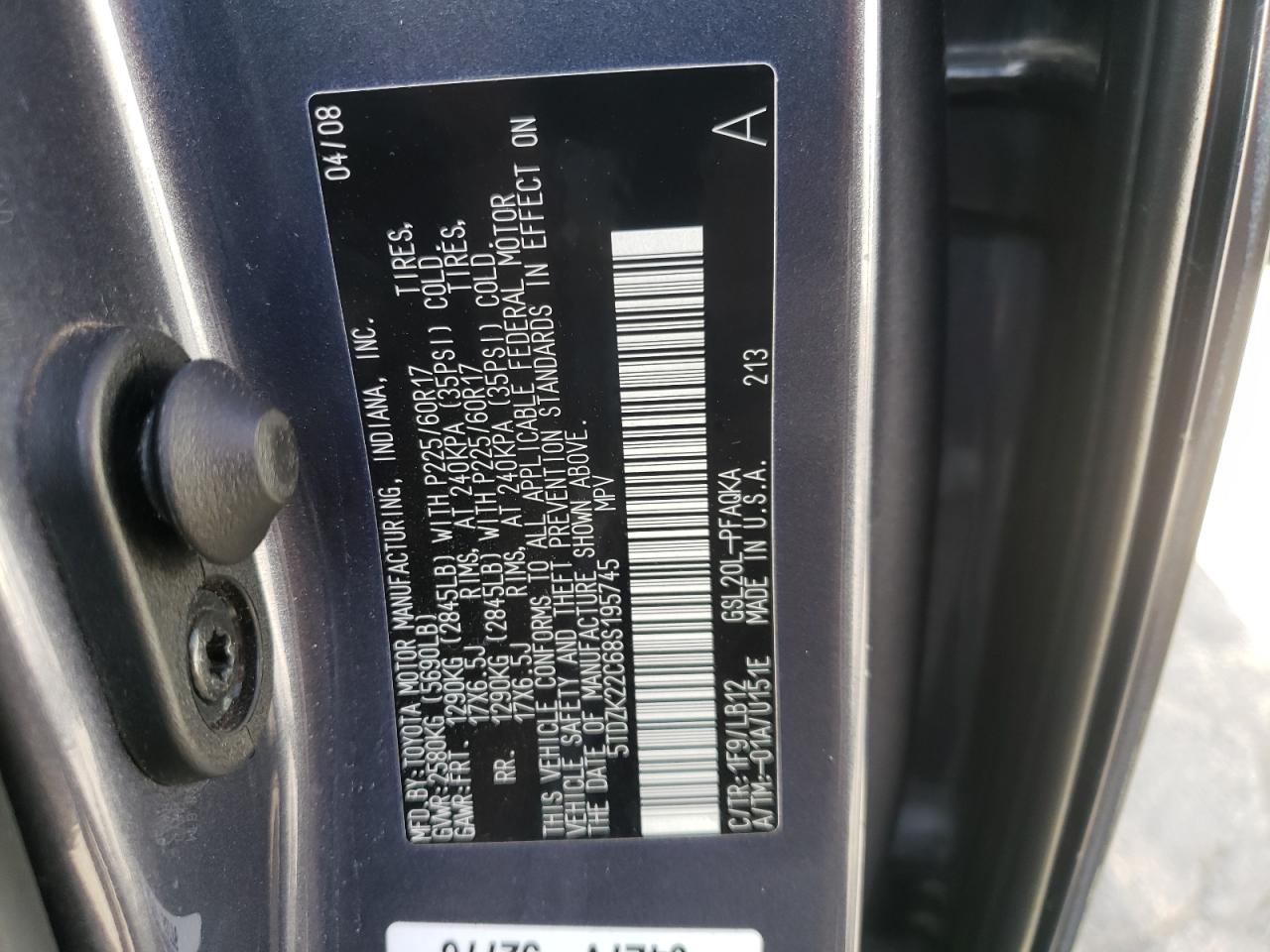 Photo 10 from auction – 2008 TOYOTA SIENNA XLE with VIN 5TDZK22C68S195745
