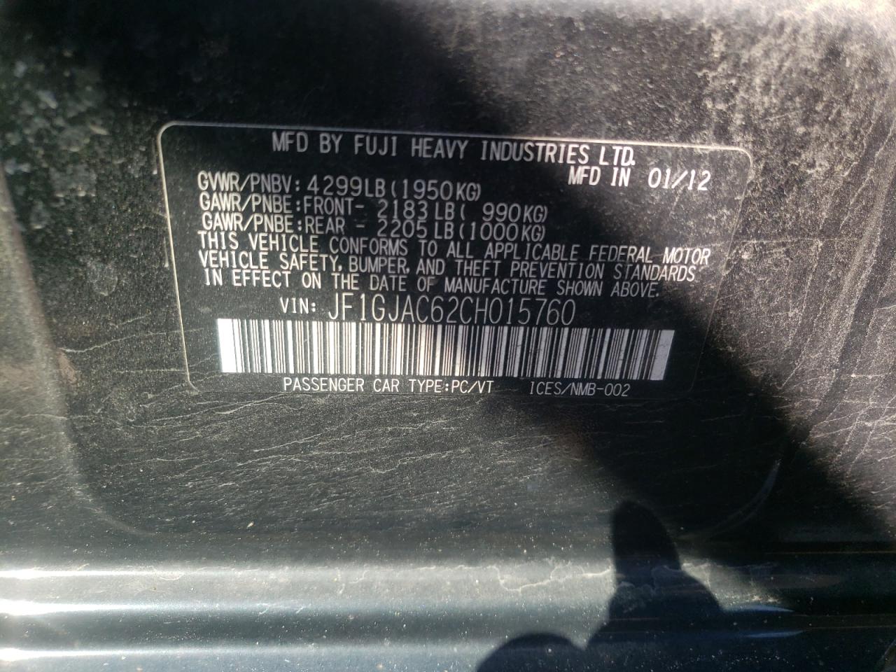 Photo 10 from auction – 2012 SUBARU IMPREZA PR with VIN JF1GJAC62CH015760