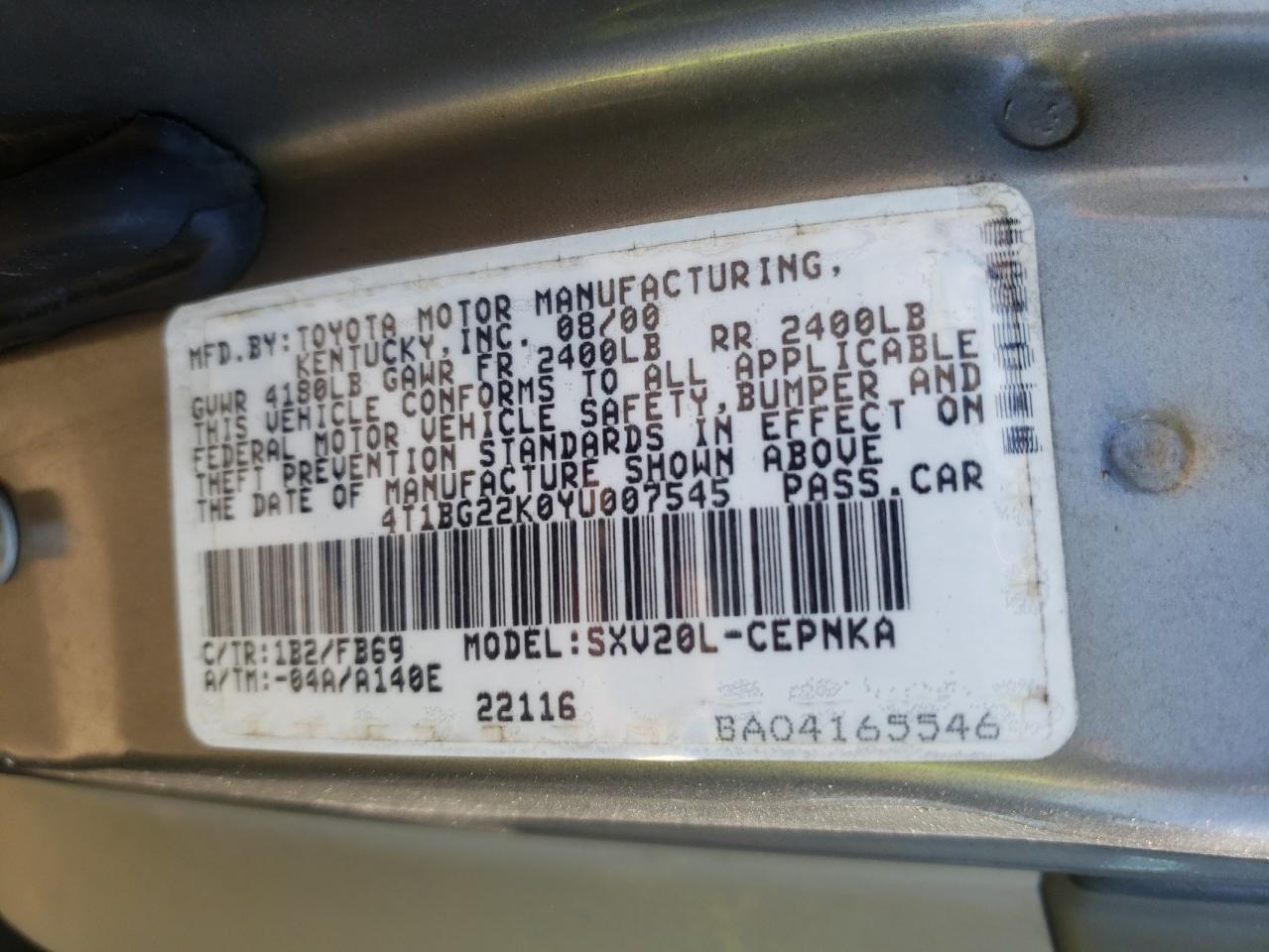 Photo 10 from auction – 2000 TOYOTA CAMRY CE with VIN 4T1BG22K0YU007545