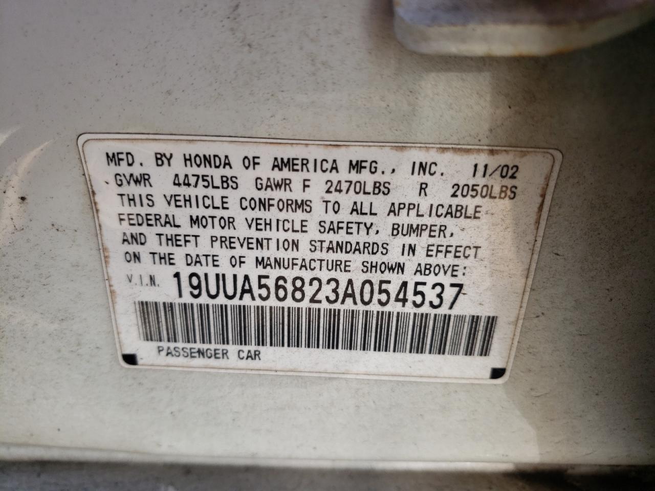 Photo 10 from auction – 2003 ACURA 3.2TL TYPE with VIN 19UUA56823A054537
