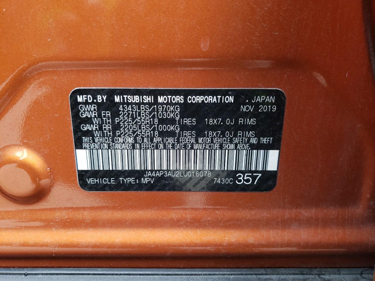 Photo 10 from auction – 2020 MITSUBISHI OUTLANDER with VIN JA4AP3AU2LU016078