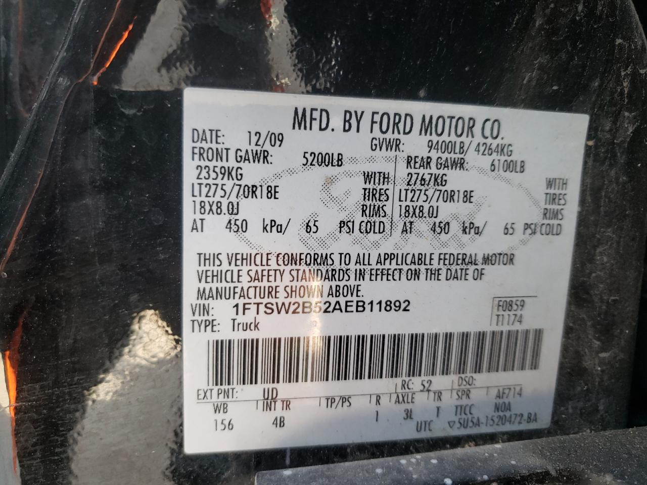 Zdjęcie 10 z aukcji – 2010 FORD F250 SUPER z VIN 1FTSW2B52AEB11892