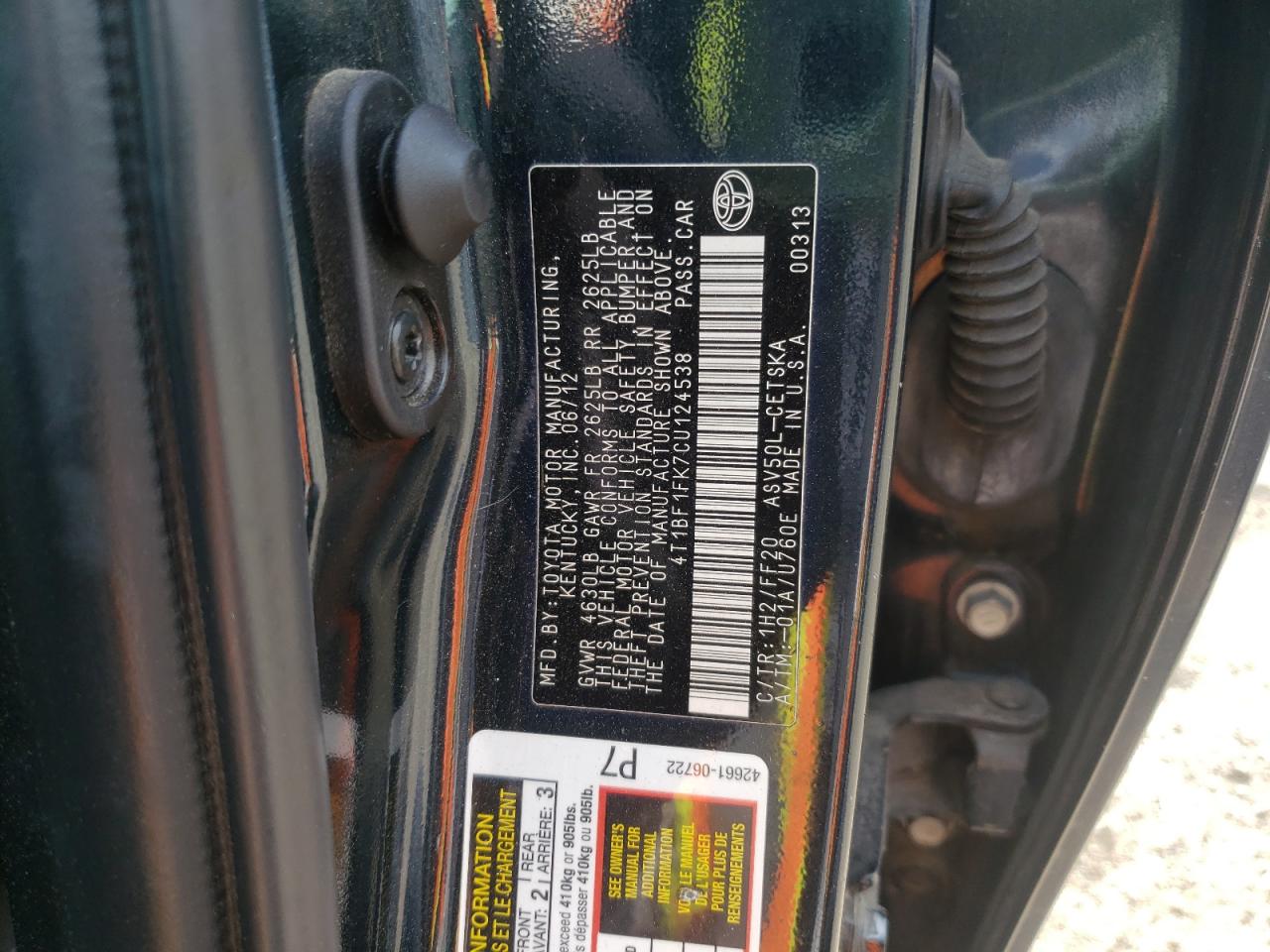 Photo 10 from auction – 2012 TOYOTA CAMRY BASE with VIN 4T1BF1FK7CU124538