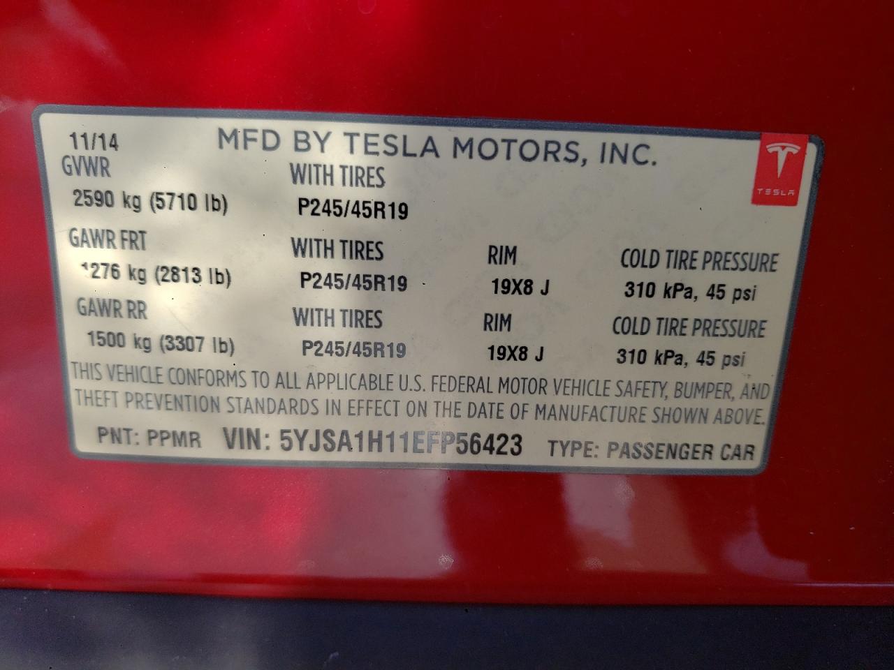 Photo 10 from auction – 2014 TESLA MODEL S with VIN 5YJSA1H11EFP56423