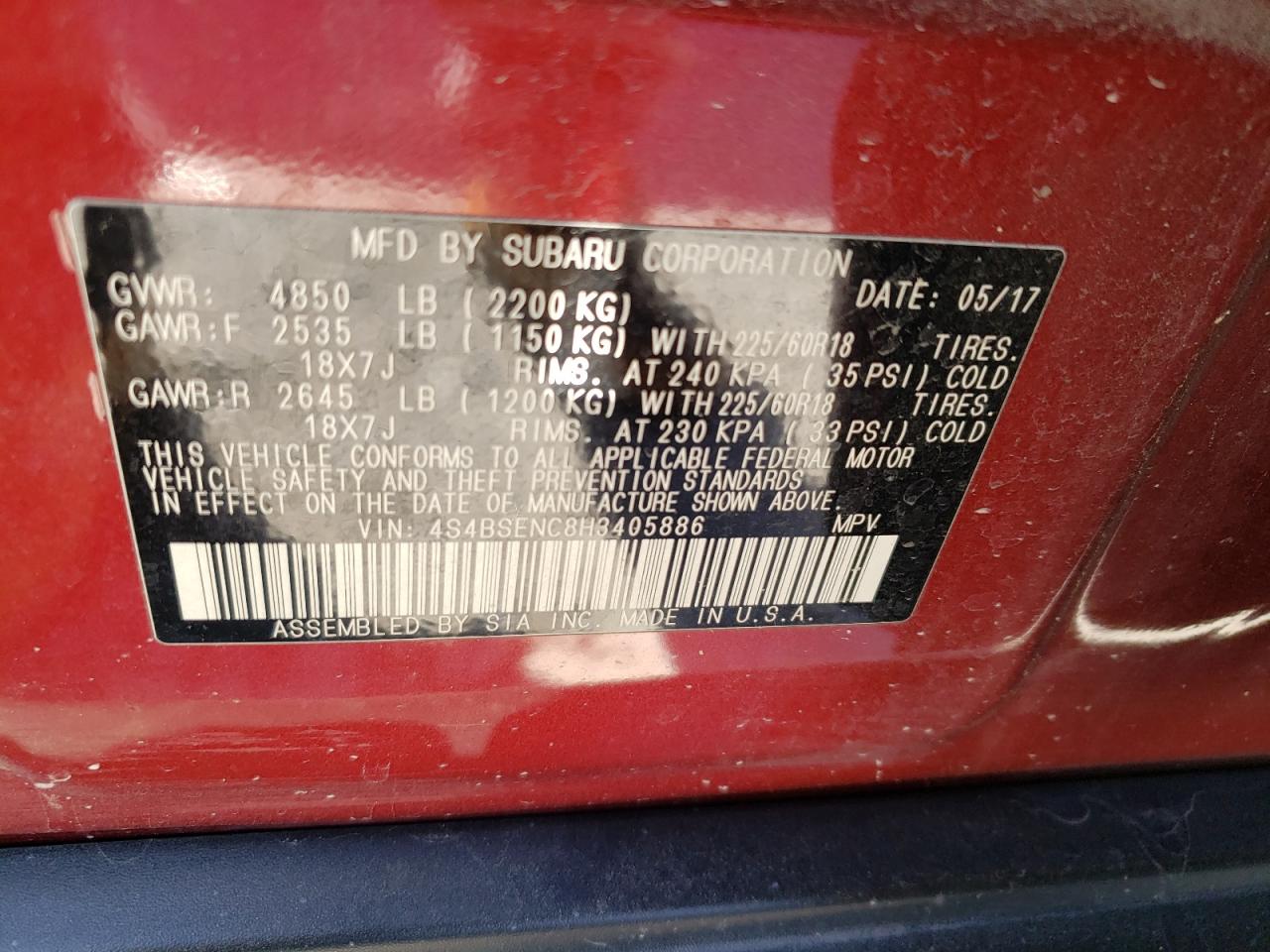 Photo 10 from auction – 2017 SUBARU OUTBACK 3. with VIN 4S4BSENC8H3405886