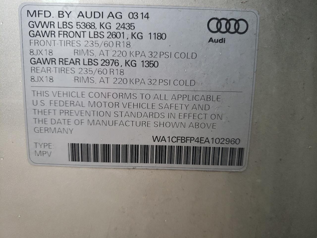 Photo 10 from auction – 2014 AUDI Q5 PREMIUM with VIN WA1CFBFP4EA102960