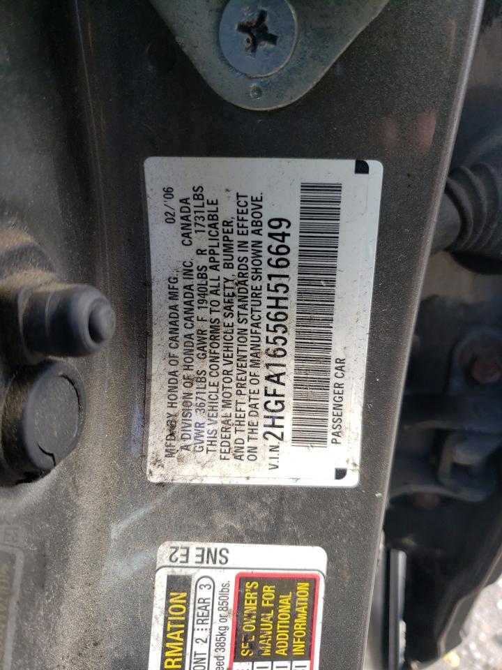 Photo 10 from auction – 2006 HONDA CIVIC LX with VIN 2HGFA16556H516649
