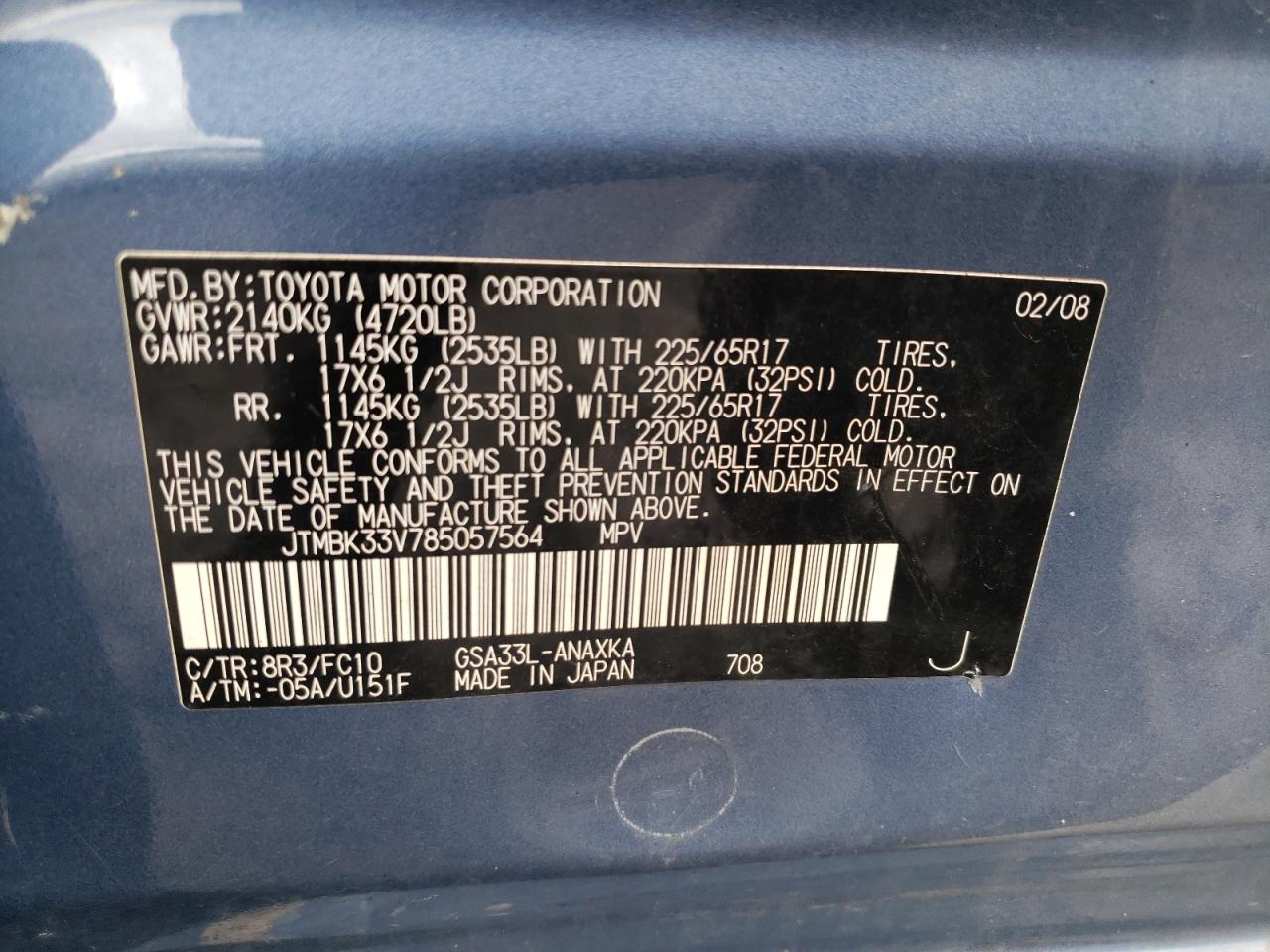 Photo 10 from auction – 2008 TOYOTA RAV4 with VIN JTMBK33V785057564