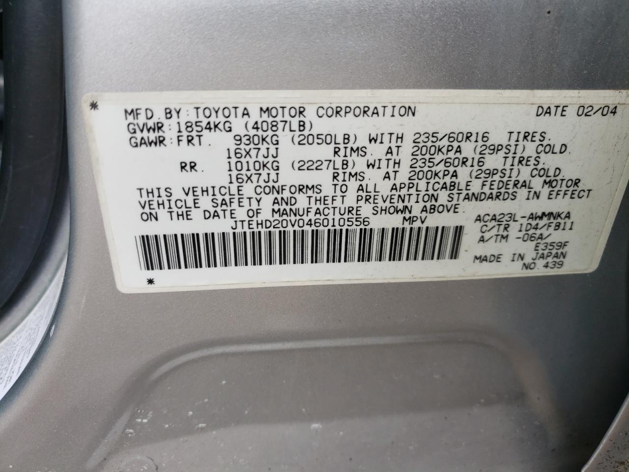 Photo 10 from auction – 2004 TOYOTA RAV4 with VIN JTEHD20V046010556