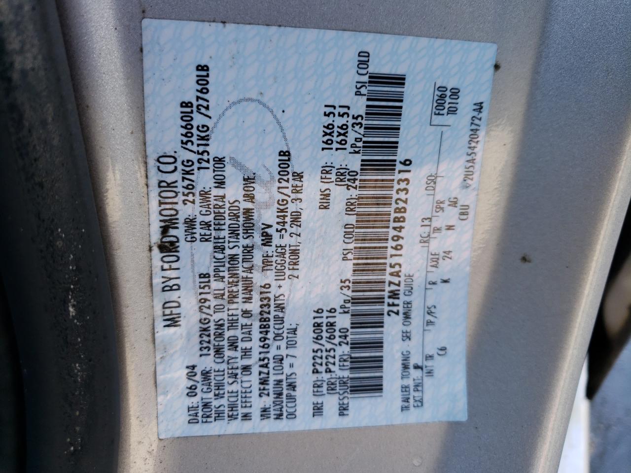 Photo 10 from auction – 2004 FORD FREESTAR S with VIN 2FMZA51694BB23316