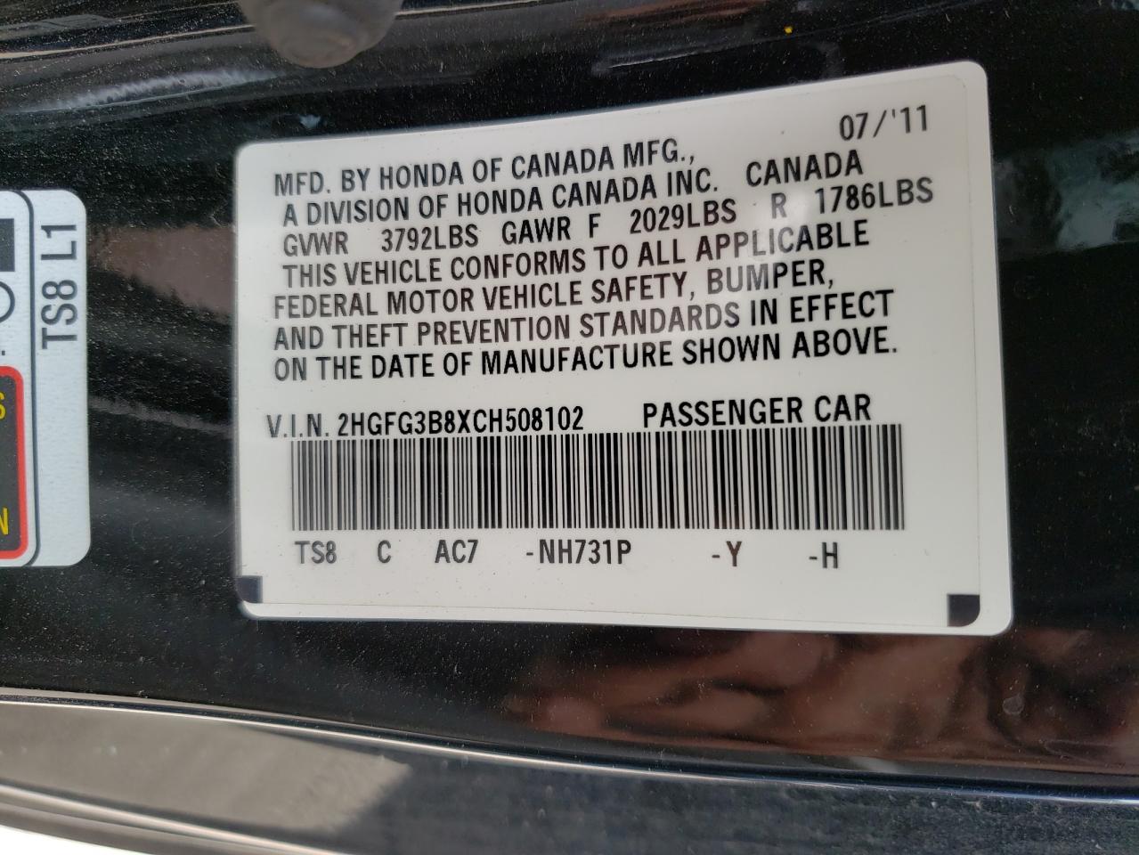 Photo 10 from auction – 2012 HONDA CIVIC EX with VIN 2HGFG3B8XCH508102