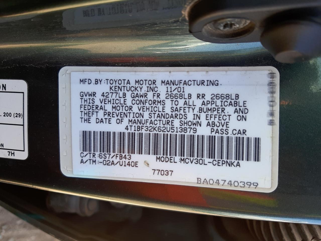 Photo 10 from auction – 2002 TOYOTA CAMRY LE with VIN 4T1BF32K62U513879
