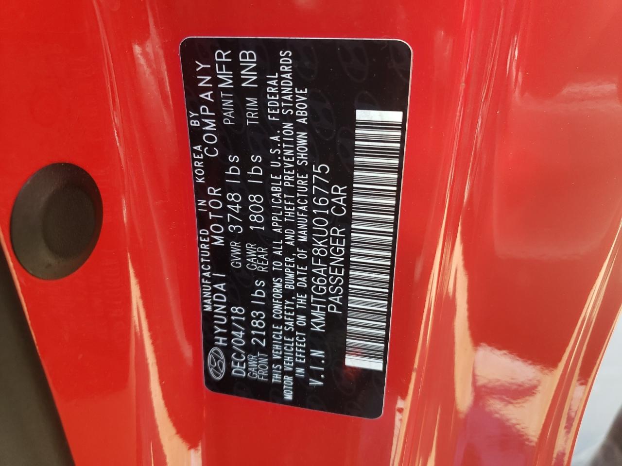 Photo 20 from auction – 2019 HYUNDAI VELOSTER B with VIN KMHTG6AF8KU016775