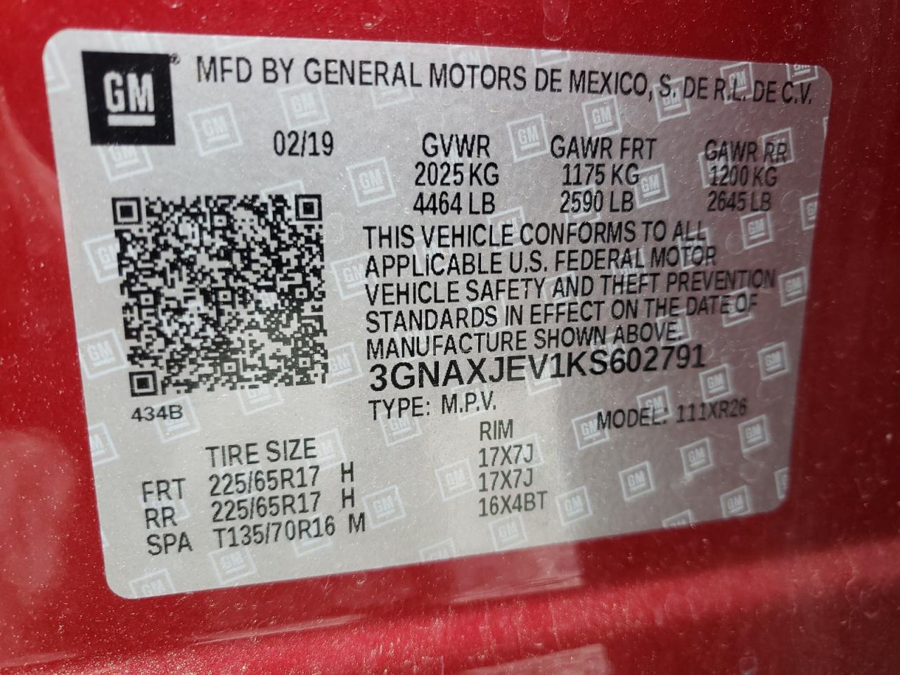 Photo 10 from auction – 2019 CHEVROLET EQUINOX LT with VIN 3GNAXJEV1KS602791