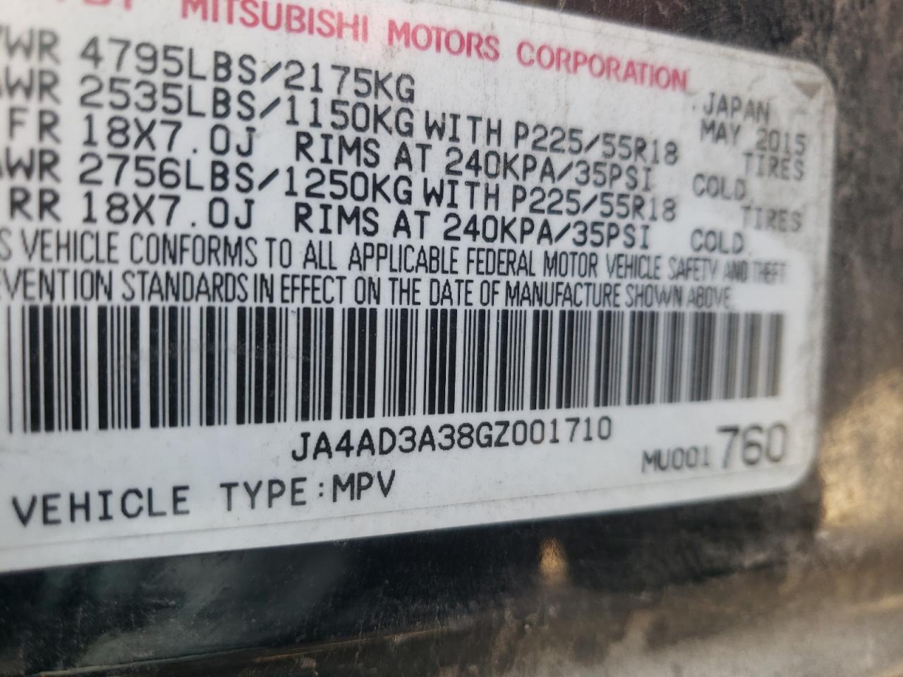 Photo 10 from auction – 2016 MITSUBISHI OUTLANDER with VIN JA4AD3A38GZ001710