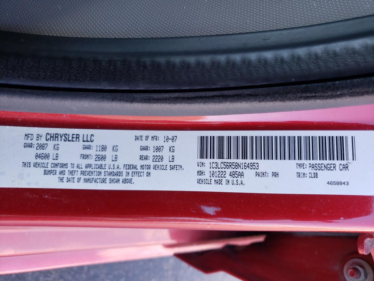 Photo 10 from auction – 2008 CHRYSLER SEBRING TO with VIN 1C3LC56R58N164953