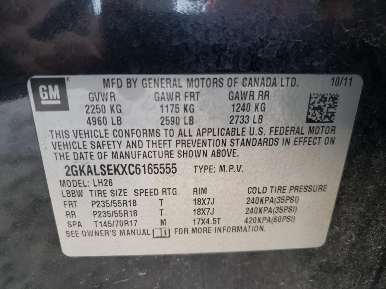 Photo 10 from auction – 2012 GMC TERRAIN SL with VIN 2GKALSEKXC6165555