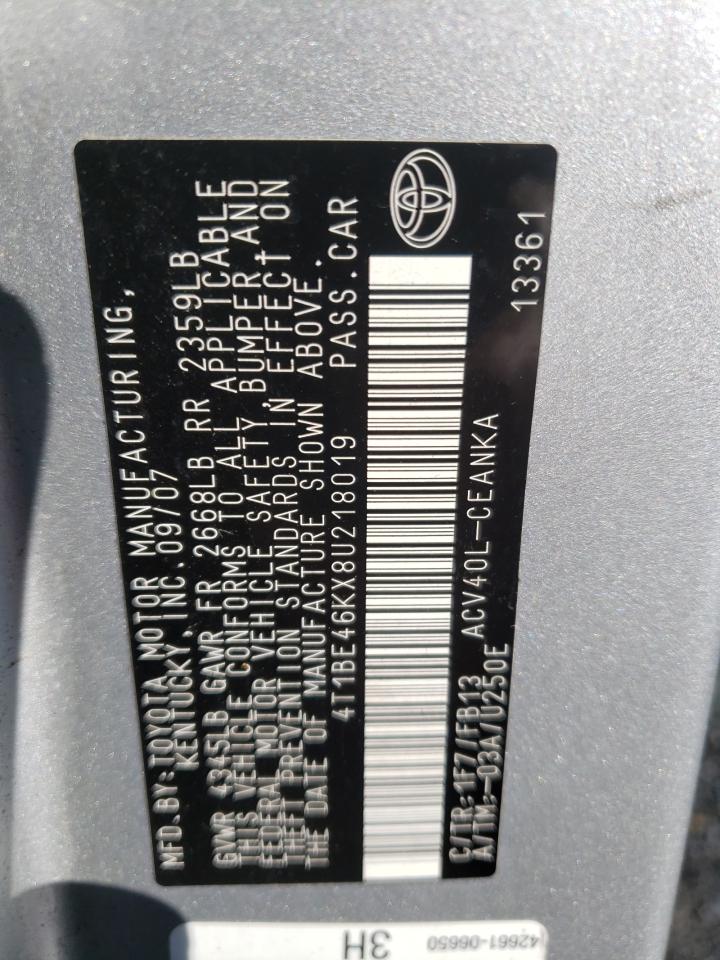 Photo 10 from auction – 2008 TOYOTA CAMRY CE with VIN 4T1BE46KX8U218019