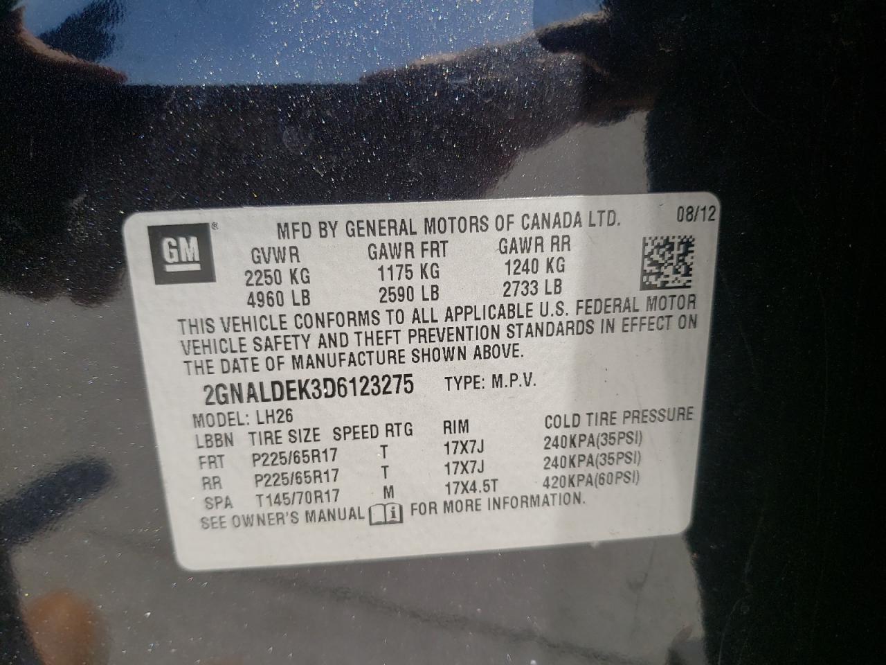 Photo 10 from auction – 2013 CHEVROLET EQUINOX LT with VIN 2GNALDEK3D6123275