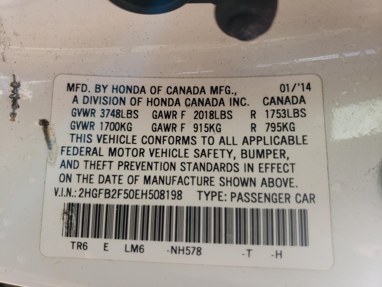 Photo 10 from auction – 2014 HONDA CIVIC LX with VIN 2HGFB2F50EH508198