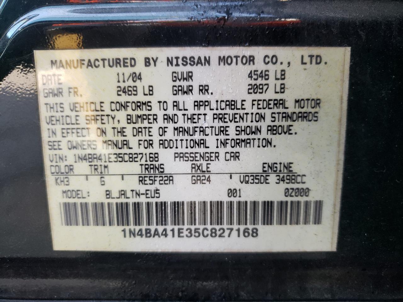 Photo 10 from auction – 2005 NISSAN MAXIMA SE with VIN 1N4BA41E35C827168