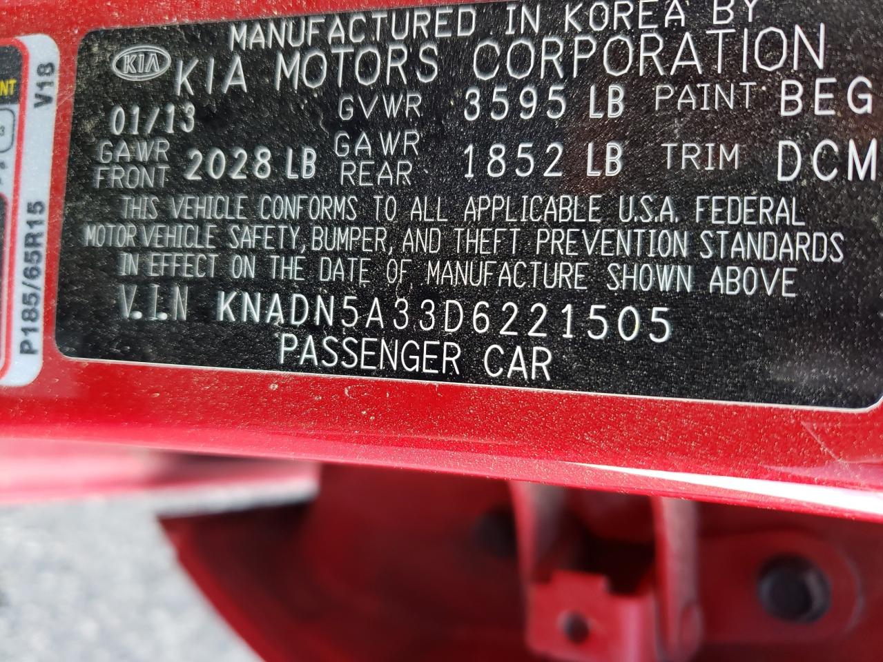 Photo 10 from auction – 2013 KIA RIO EX with VIN KNADN5A33D6221505