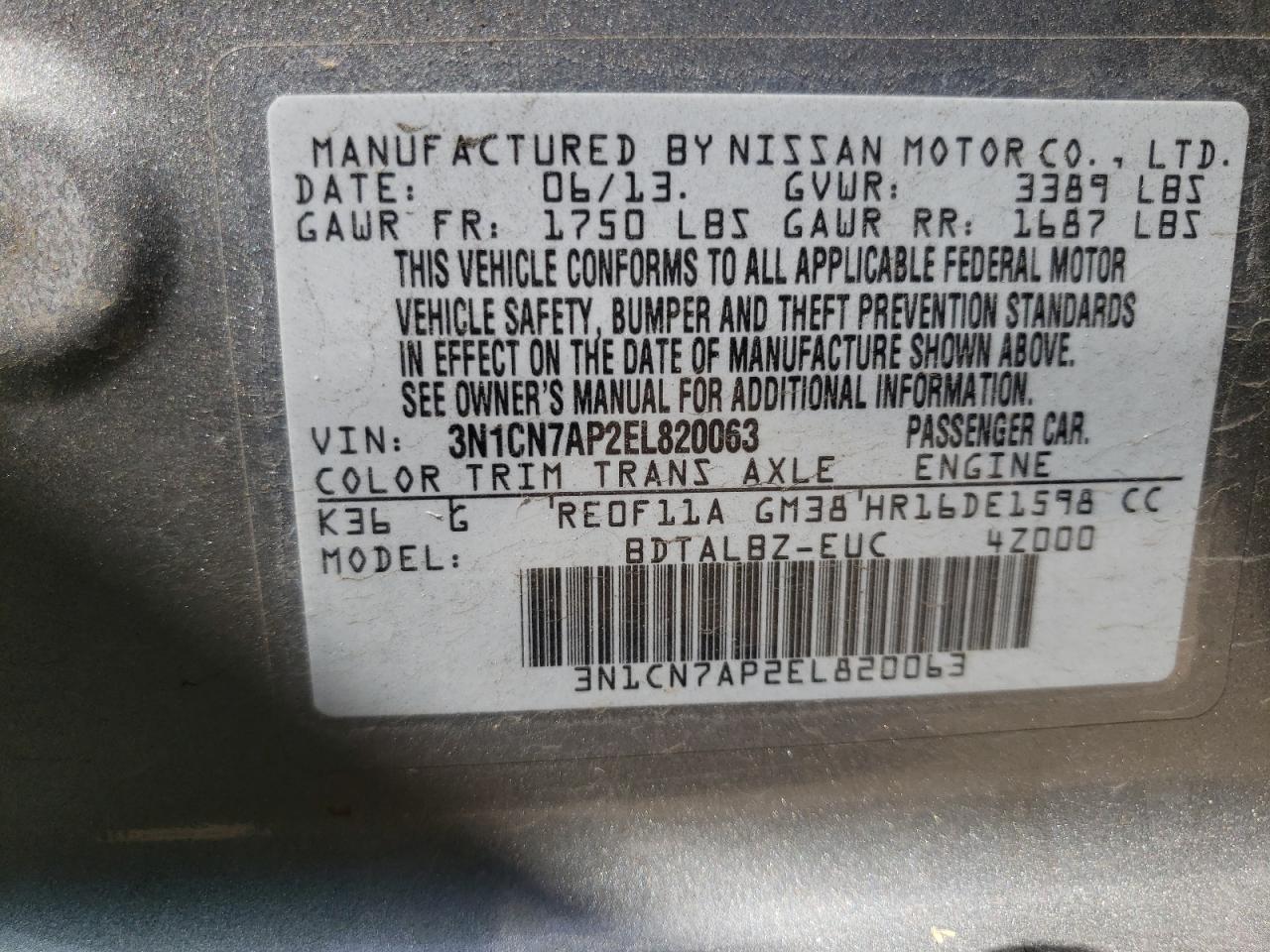 Photo 10 from auction – 2014 NISSAN VERSA S with VIN 3N1CN7AP2EL820063