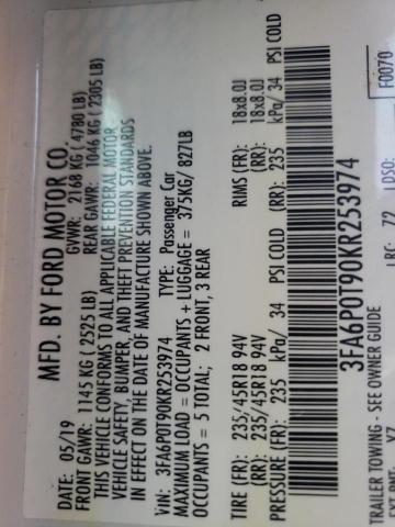 Photo 1 from auction – 2019 FORD FUSION SE with VIN 3FA6P0T90KR253974