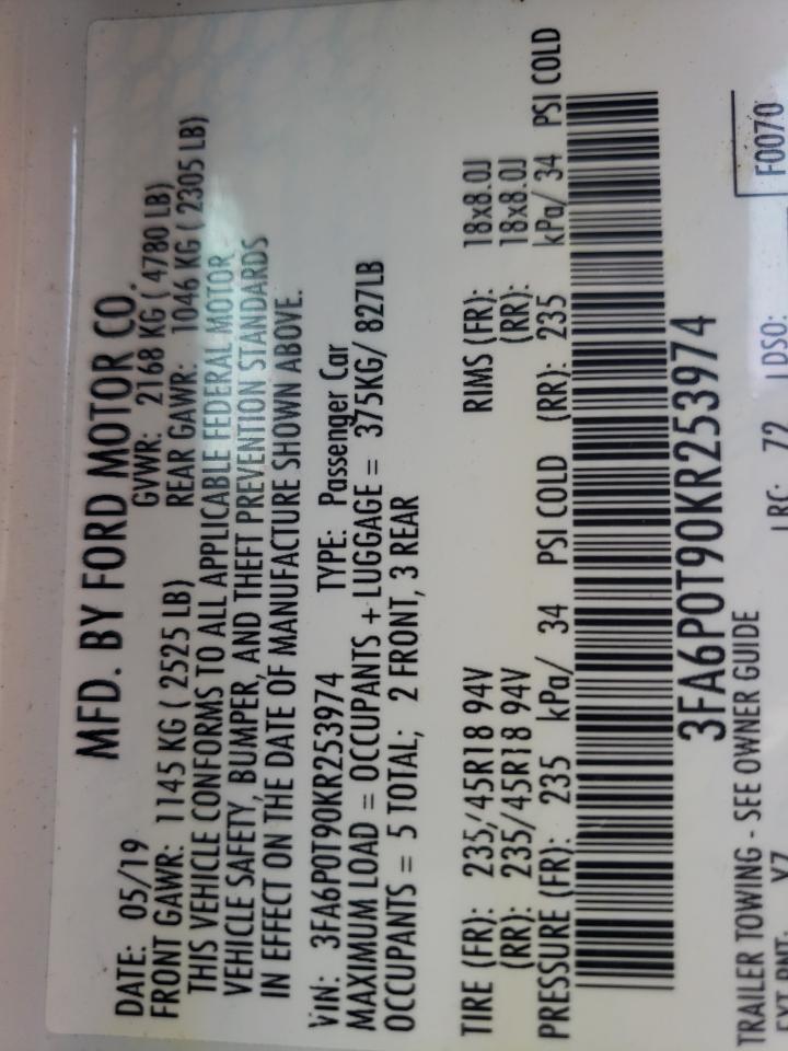 Photo 11 from auction – 2019 FORD FUSION SE with VIN 3FA6P0T90KR253974
