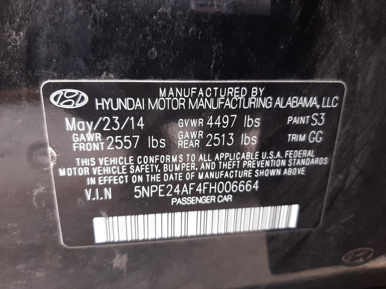 Photo 10 from auction – 2015 HYUNDAI SONATA SE with VIN 5NPE24AF4FH006664