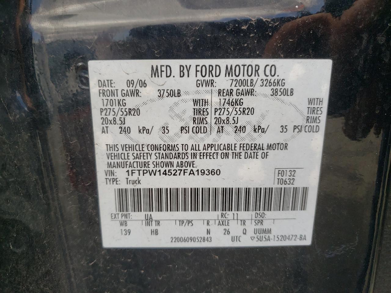 Photo 10 from auction – 2007 FORD F150 SUPER with VIN 1FTPW14527FA19360