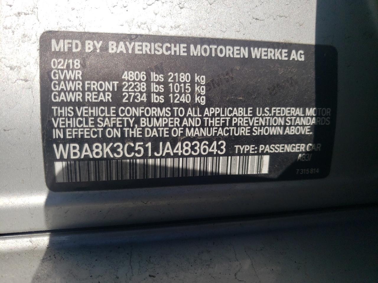 Photo 10 from auction – 2018 BMW 330 XI with VIN WBA8K3C51JA483643