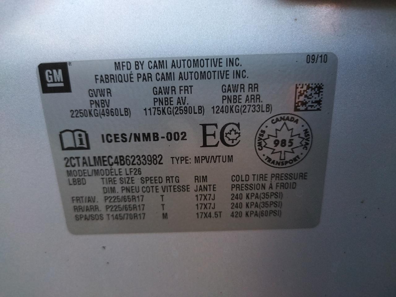 Photo 10 from auction – 2011 GMC TERRAIN SL with VIN 2CTALMEC4B6233982
