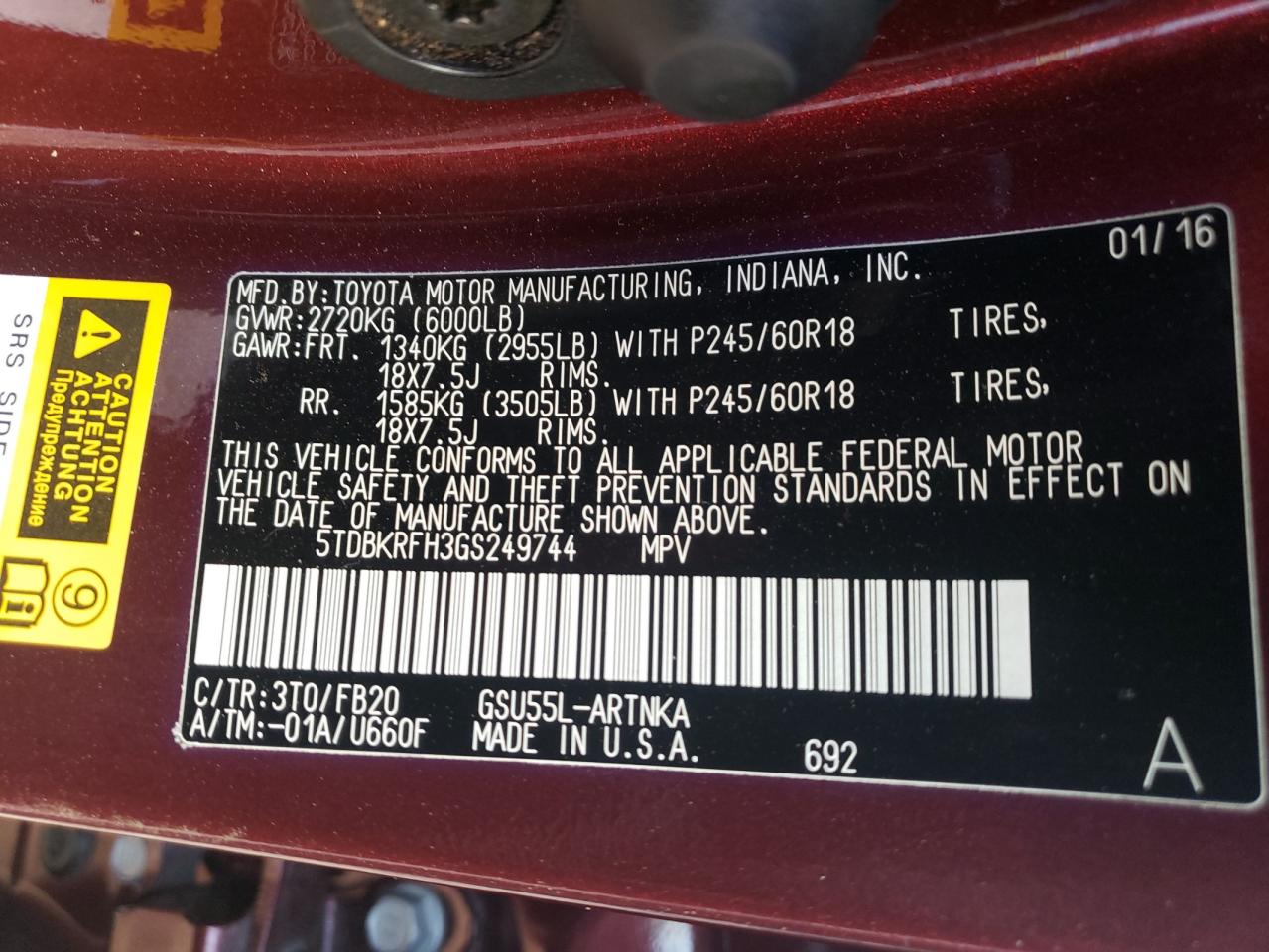 Photo 10 from auction – 2016 TOYOTA HIGHLANDER with VIN 5TDBKRFH3GS249744