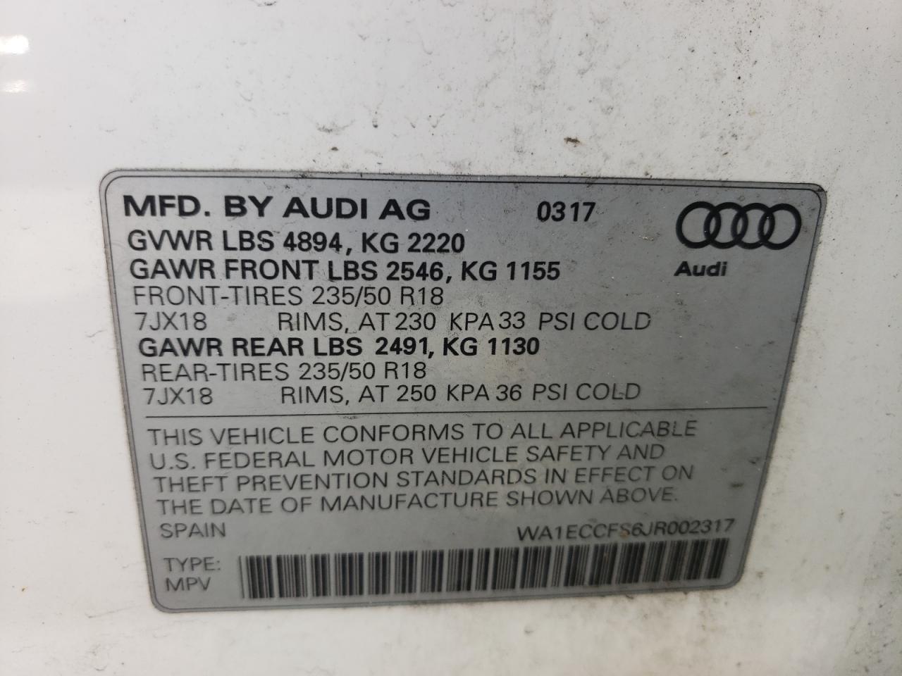 Photo 10 from auction – 2018 AUDI Q3 PREMIUM with VIN WA1ECCFS6JR002317