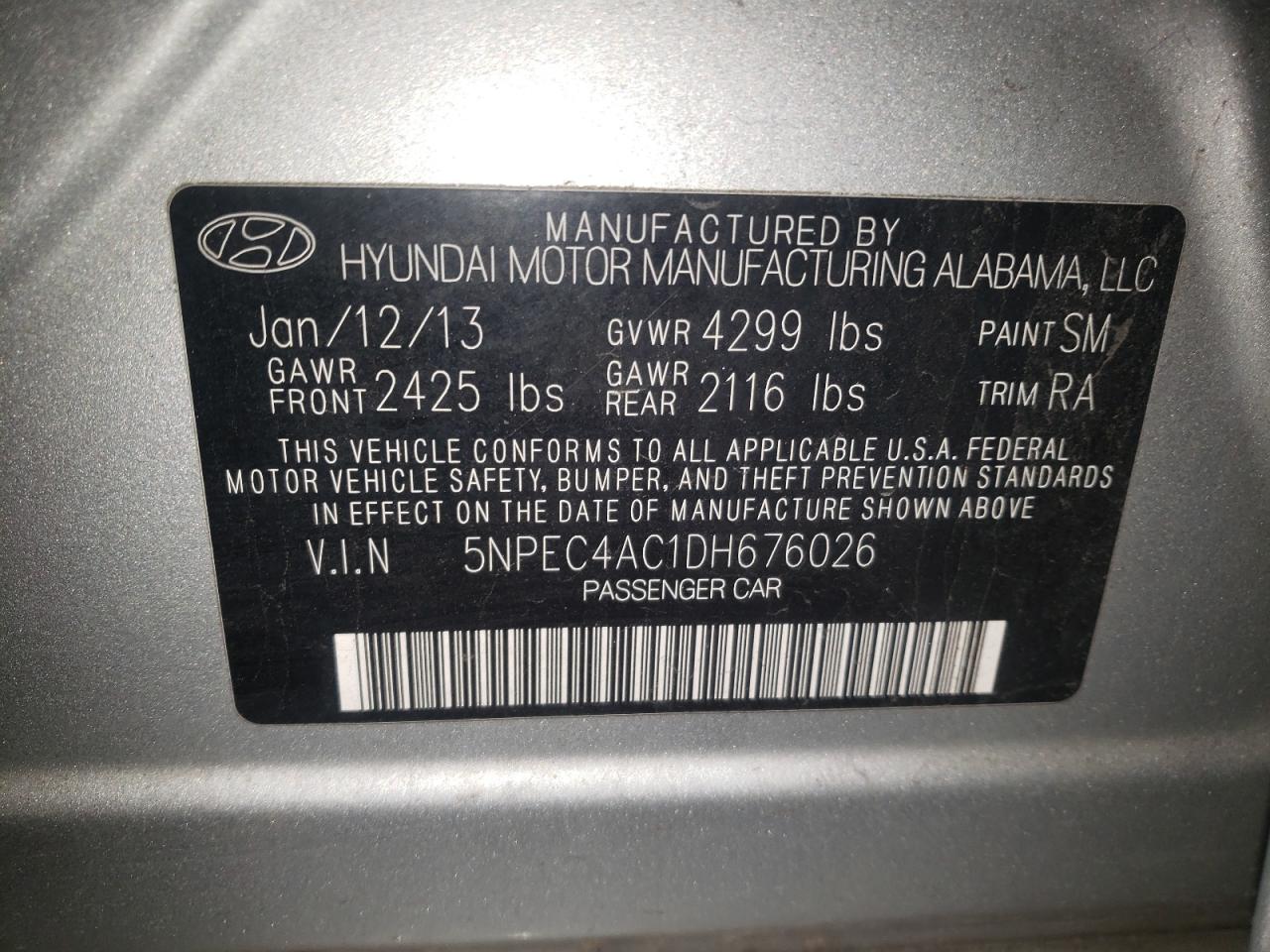 Photo 10 from auction – 2013 HYUNDAI SONATA SE with VIN 5NPEC4AC1DH676026