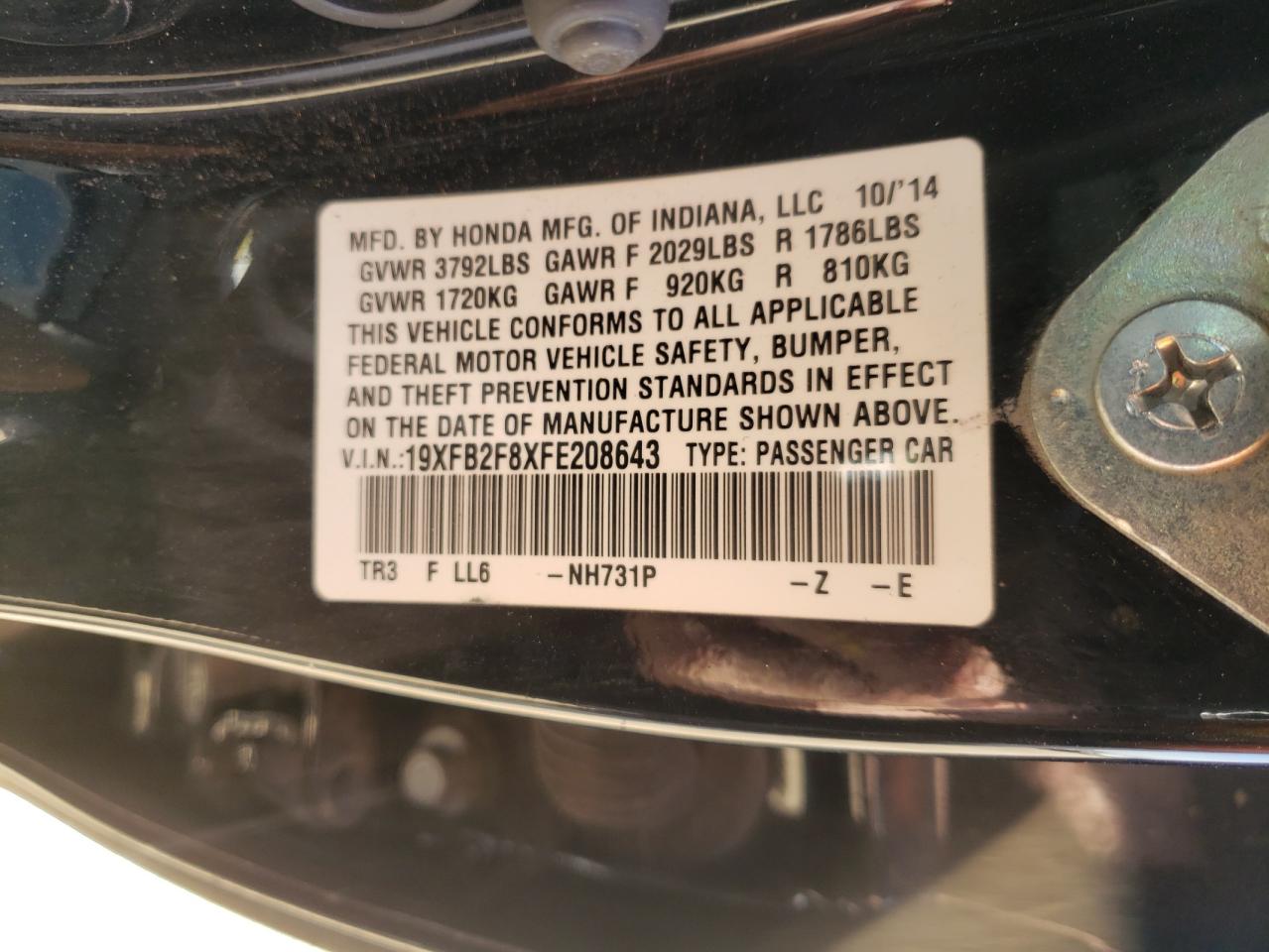 Photo 10 from auction – 2015 HONDA CIVIC EX with VIN 19XFB2F8XFE208643