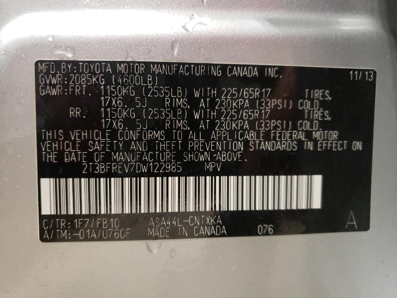 Zdjęcie 10 z aukcji – 2013 TOYOTA RAV4 LE z VIN 2T3BFREV7DW122985