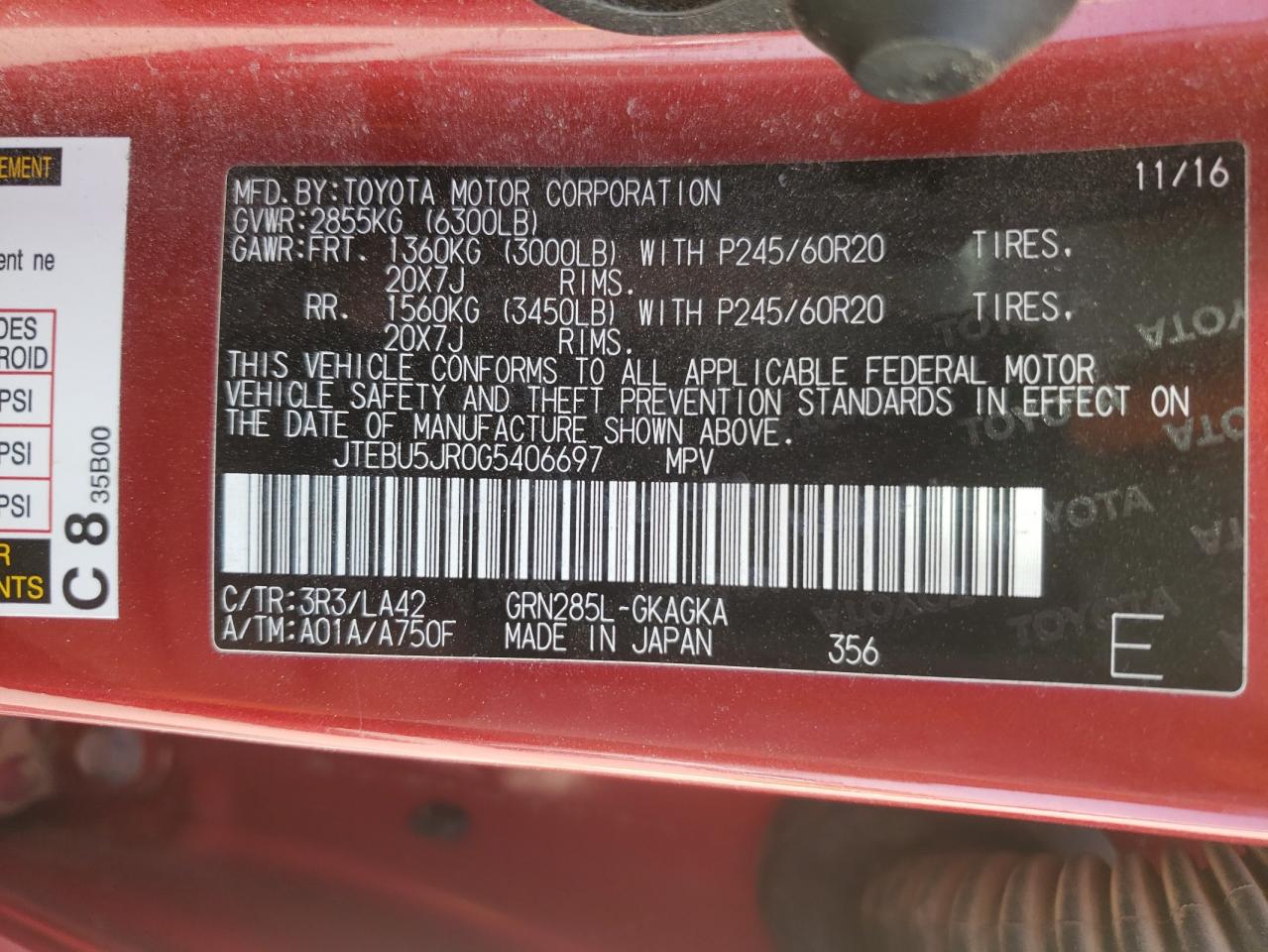 Photo 10 from auction – 2016 TOYOTA 4RUNNER SR with VIN JTEBU5JR0G5406697