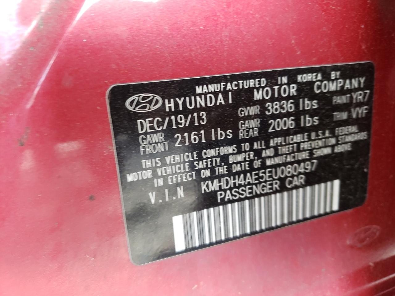 Photo 10 from auction – 2014 HYUNDAI ELANTRA SE with VIN KMHDH4AE5EU080497