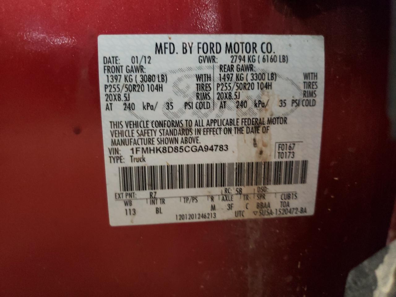 Photo 10 from auction – 2012 FORD EXPLORER X with VIN 1FMHK8D85CGA94783