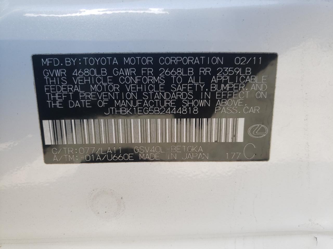 Photo 10 from auction – 2011 LEXUS ES 350 with VIN JTHBK1EG5B2444818