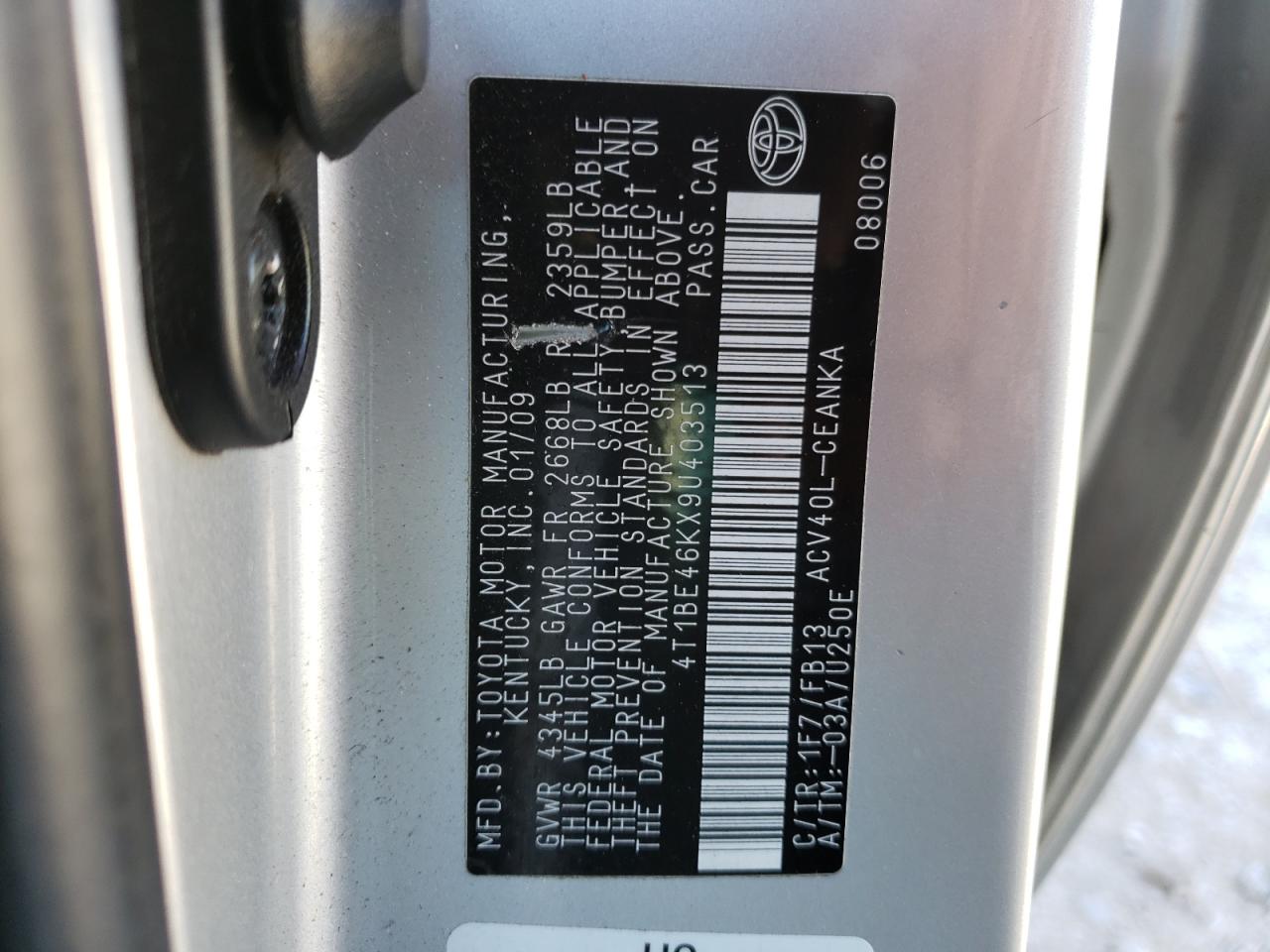 Photo 10 from auction – 2009 TOYOTA CAMRY BASE with VIN 4T1BE46KX9U403513