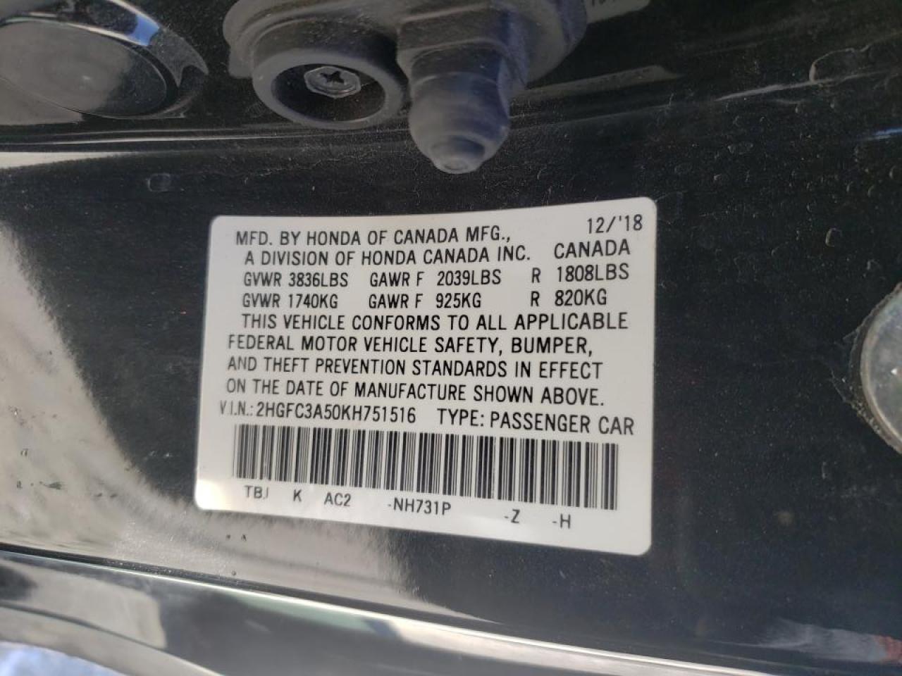 Photo 10 from auction – 2019 HONDA CIVIC SI with VIN 2HGFC3A50KH751516