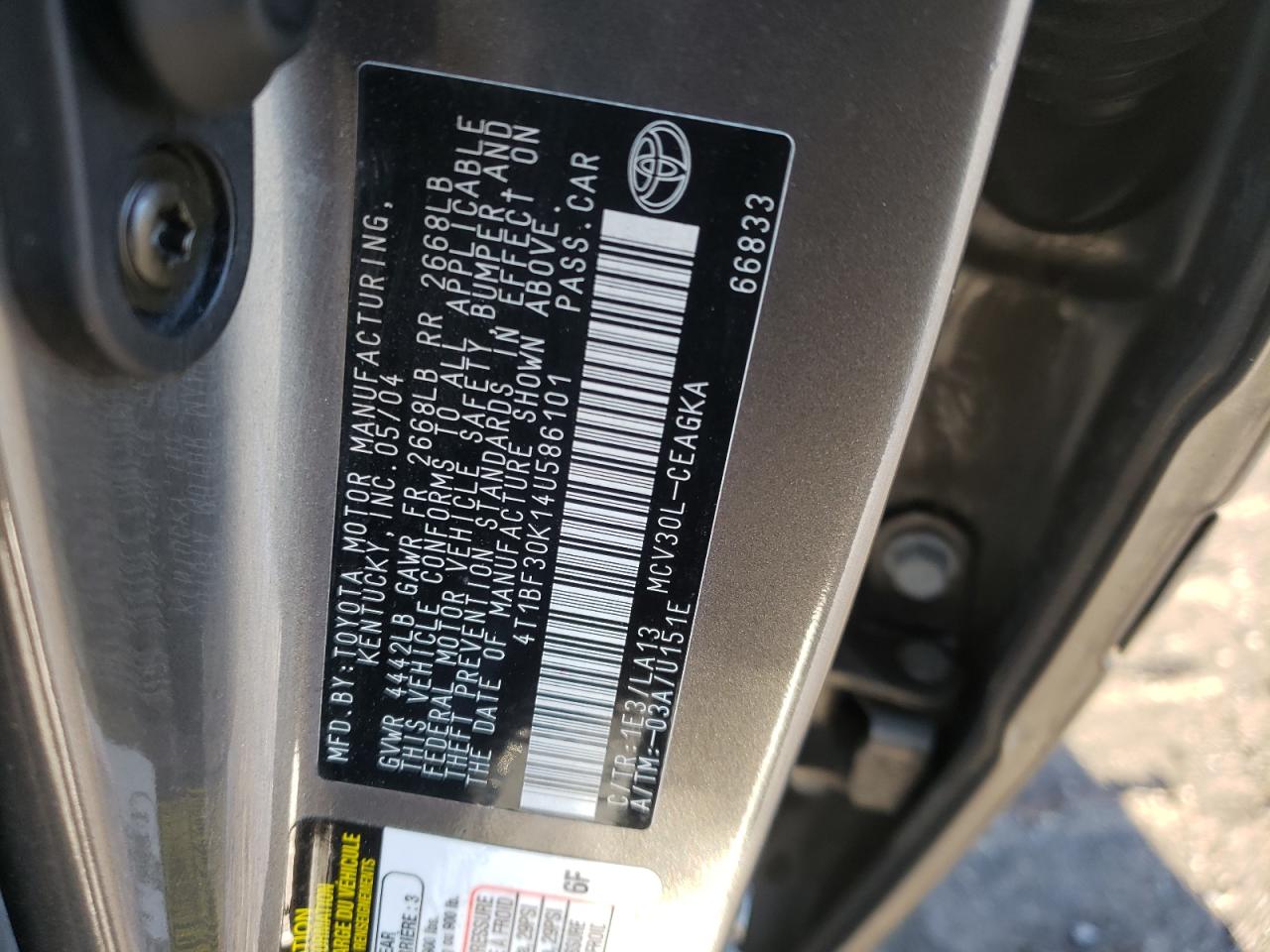 Photo 10 from auction – 2004 TOYOTA CAMRY LE with VIN 4T1BF30K14U586101